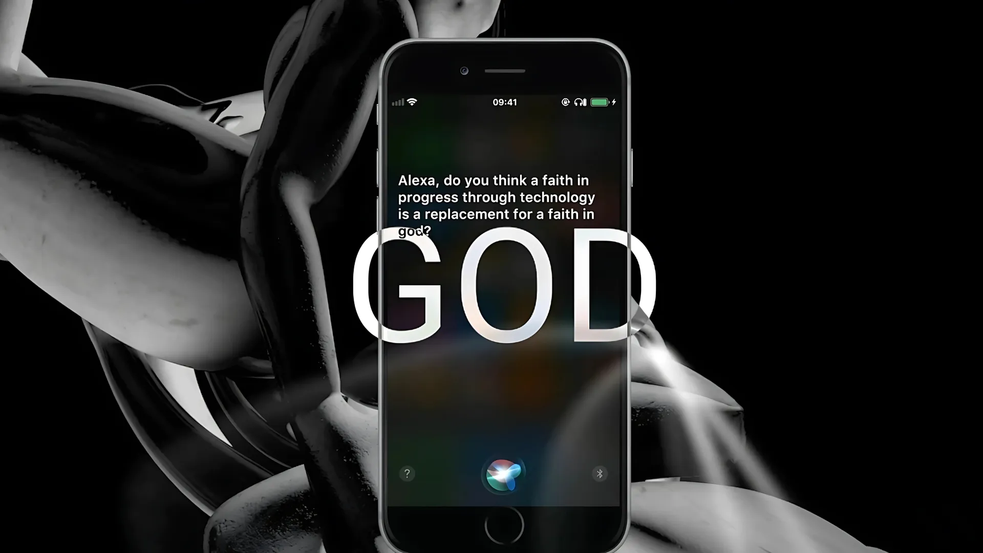 Image shows the performance of Chthonia, a render of an iPhone surround by swirling visuals.