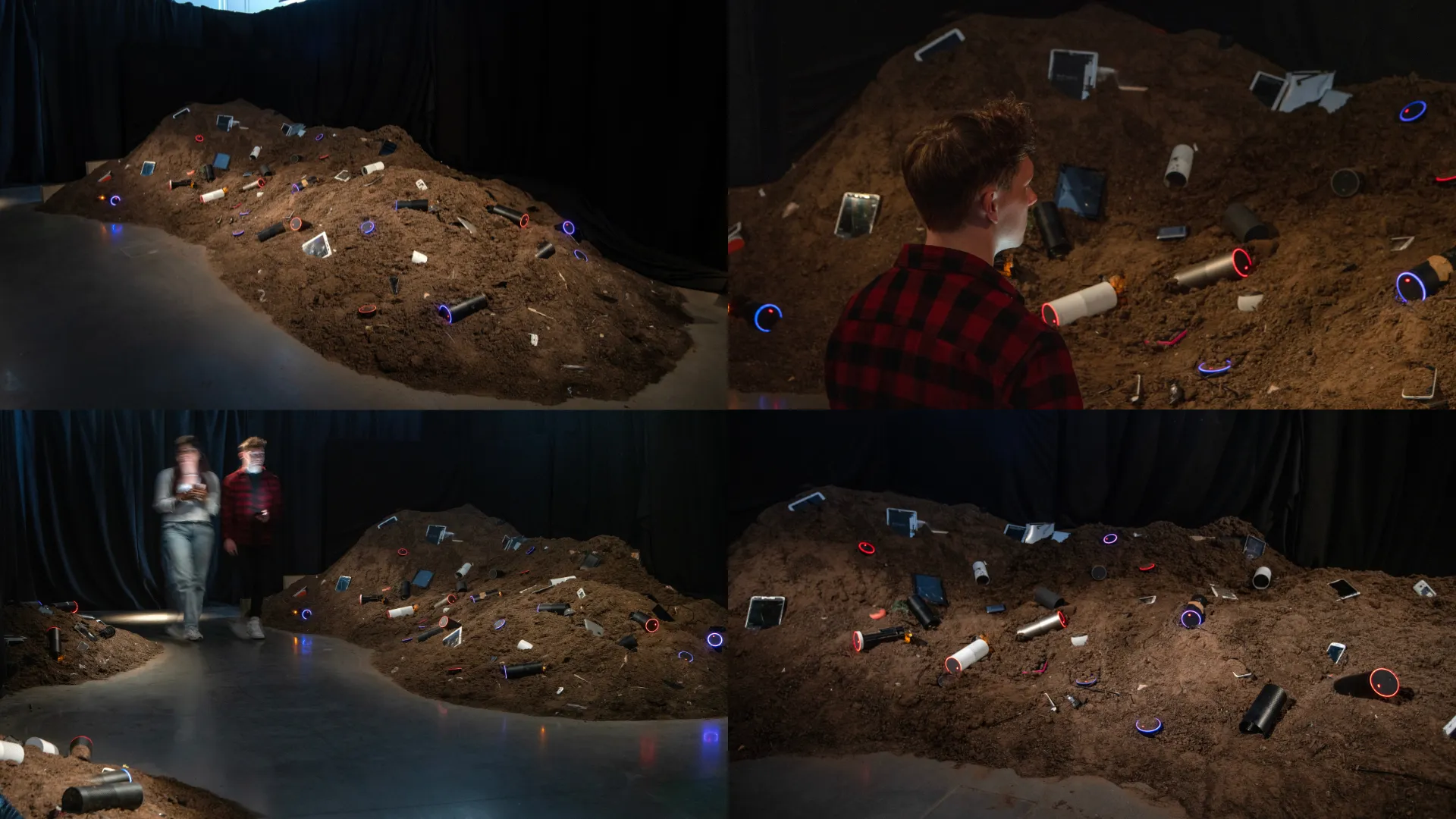 Detail shot of the installation, multiple views of the buried devices with people walking through the space.