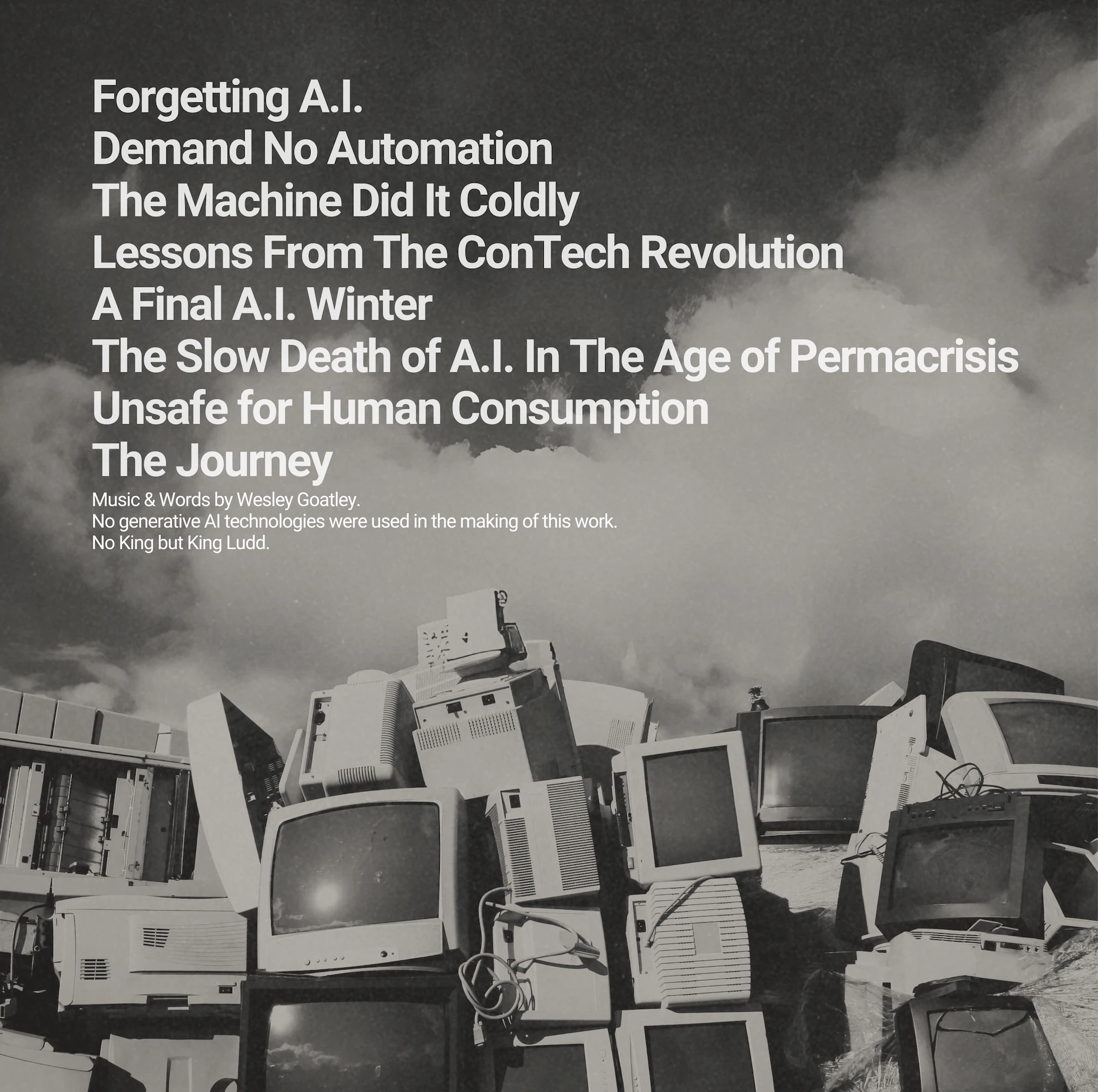 Rear cover of the album, featuring discarded electronic equipment and a tracklist.