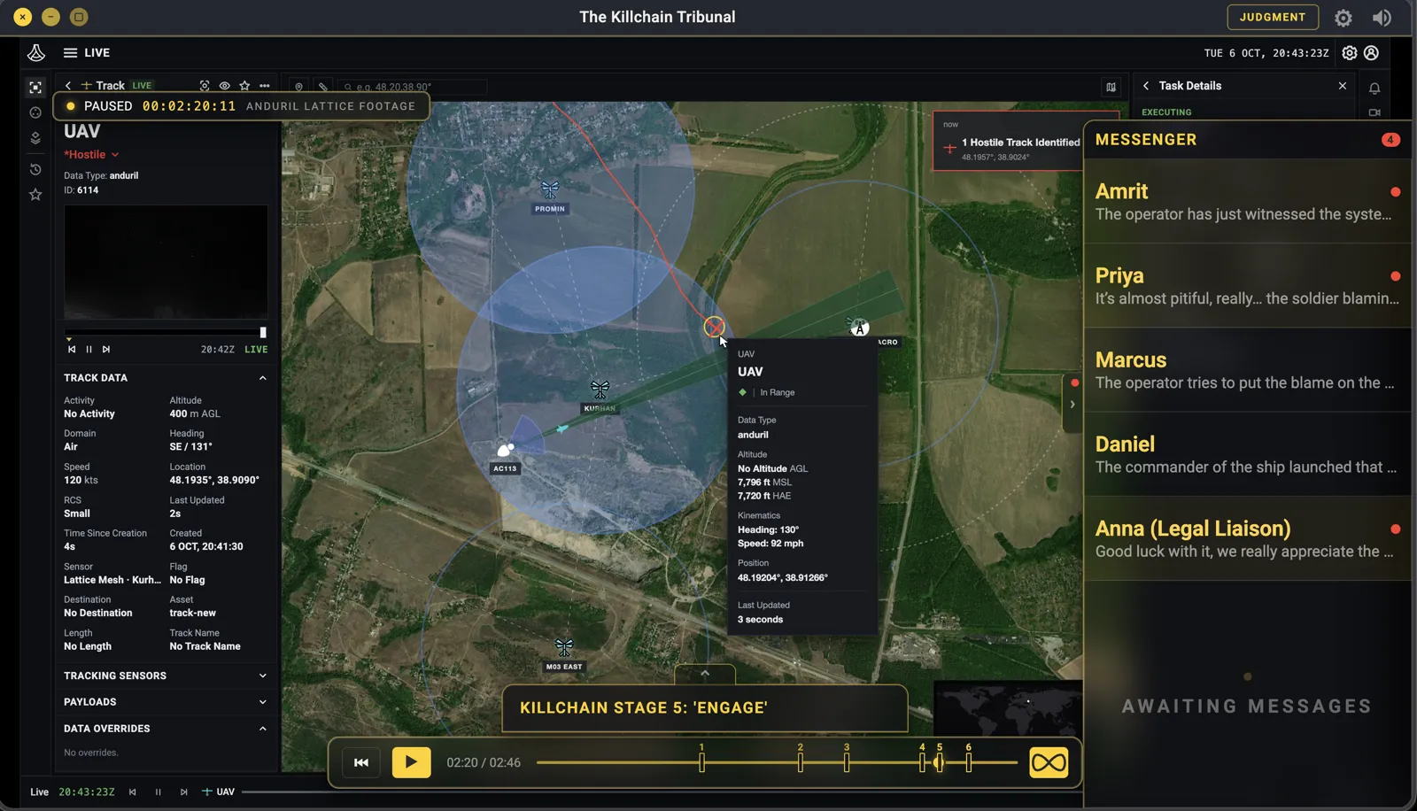 Screenshot of the tribunal game at 'Killchain Stage 4: Target', with a dark scenario map marking detected targets, and the juror debate panel asking who was responsible for confirming the target: operator, soldier, or designer.